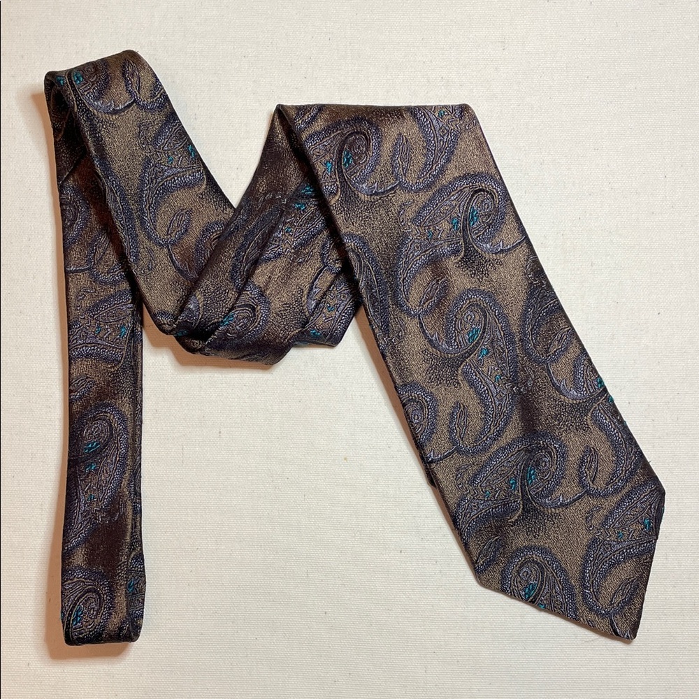 Vintage OSCAR DE LA RENT Elegant Silk Preppy Paisley Tie Tan Blue Turquoise